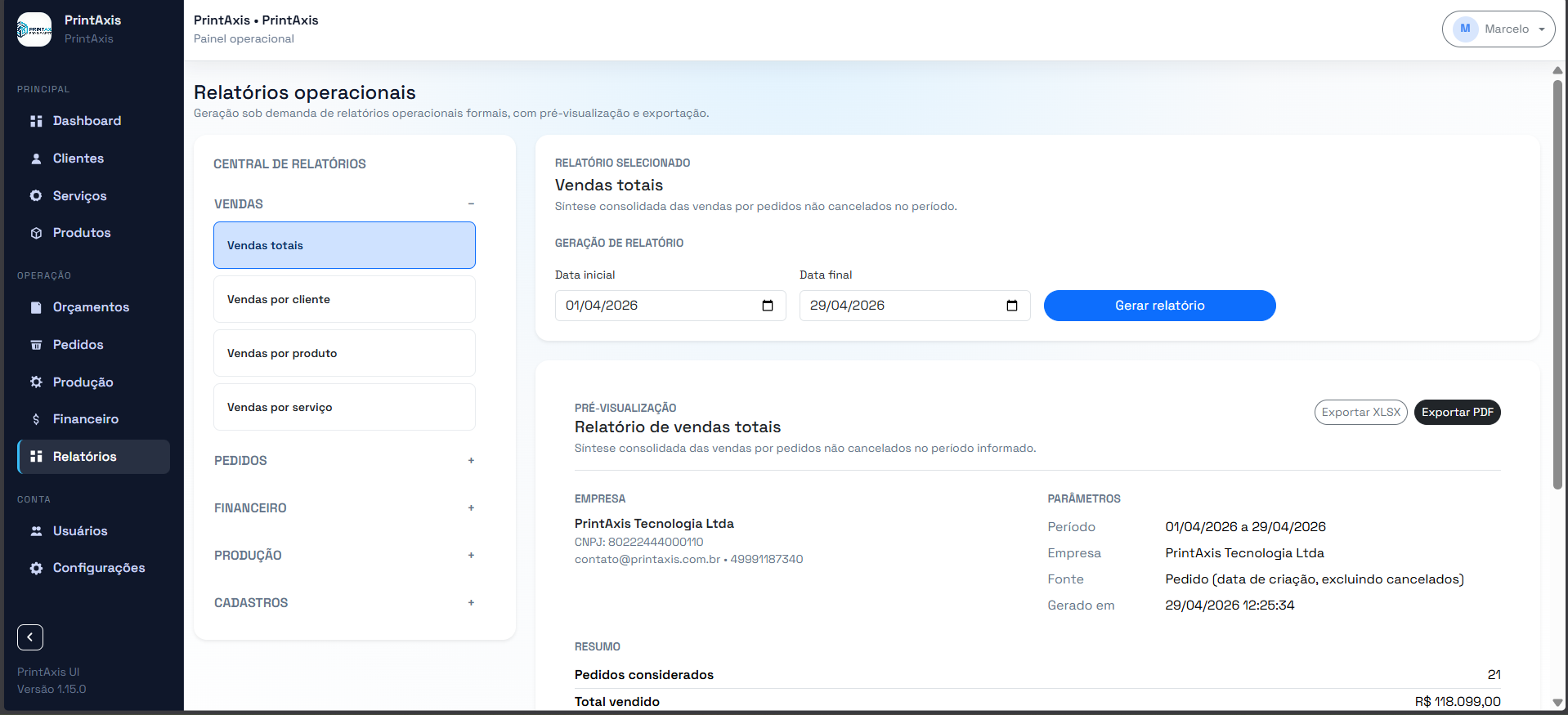 Tela operacional do PrintAxis com visão documental e exportação em PDF. (1 de 3)